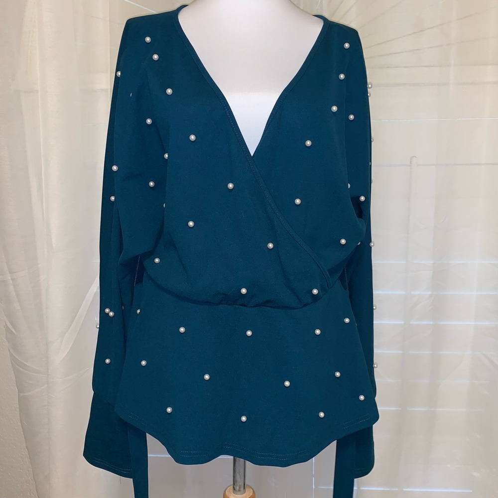 NWOT Green Blouse With Pearl Embellishments